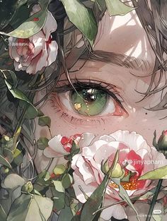 a girl with green eyes surrounded by flowers