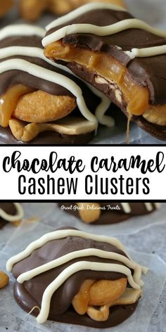 chocolate caramel cashew clusters are stacked on top of each other