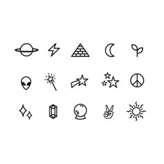 various symbols are shown in black and white, including the sun, moon, stars, and other things