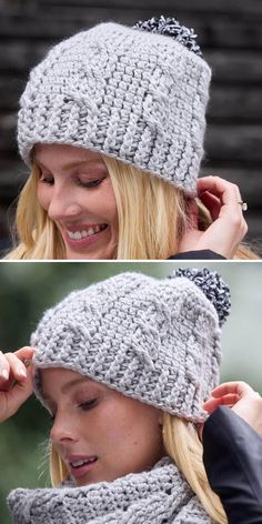 a woman wearing a knitted hat and scarf in two different photos, one is smiling