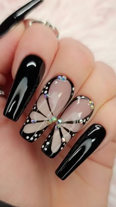 "Transform your nails into a whimsical wonderland with our enchanting butterfly nail art! Embrace the carefree spirit of summer with these delicate and mesmerizing designs. #ButterflyNails #SummerNailDesigns #NailArtInspiration #NailTrends #SummerVibes #ManicureGoals #NailFashion #NailInspo #SummerNailIdeas #BeautyEssentials #NailGoals #PinterestInspiration #NailAddict #NailLovers #NailObsession. #ButterflySummerNail" Fall Nail Designs September, Coffin Butterfly Nails Designs, Pink And Black Butterfly Nails, Black Art Deco Nails, Dark Colors Nails, Dark Summer Nail Ideas, Acrylic Nail Designs Butterflies, Nails Red Design Ideas, Cut Nail Designs