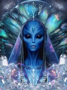 an alien woman with blue skin and headdress surrounded by crystal crystals in the sky