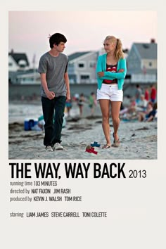 the way way back movie poster with man and woman walking on beach next to each other