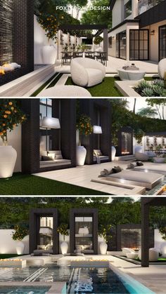 three different views of a modern house with pool and outdoor seating area in the middle