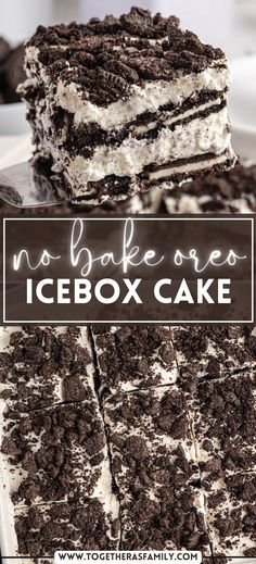 no bake oreo icebox cake on a plate with the title overlay