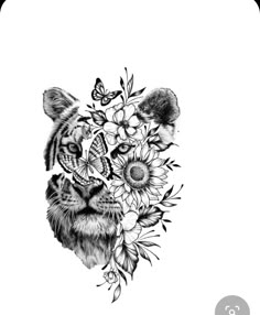 a black and white drawing of a tiger with flowers on it's head,