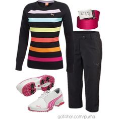 a women's outfit with pink, black and white shoes