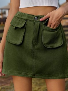 Introducing our unique Pocketed Elastic Waist Denim Skirt, the perfect addition to your wardrobe! This skirt features a comfortable elastic waistband and functional pockets, making it both stylish and practical. Made from a blend of 95% rayon and 5% polyester, this skirt is soft and lightweight, perfect for everyday wear. But what sets this skirt apart is its buttoned detailing, adding a touch of sophistication to the classic denim look. And with no stretch, this skirt maintains its shape and st Streetwear Skirt, Denim Patterns, Maxi Dress Formal, Jeans Rock, Summer Fabrics, Dress Zipper, Green Skirt, Casual Fits, Skirt Length