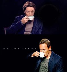 two pictures one with a man drinking from a coffee cup and the other with a drink in his hand