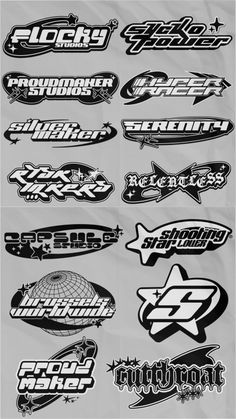 the different types of stickers are shown in black and white, including one for each team