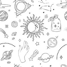 the sun and planets are drawn in black ink on a white background with space symbols