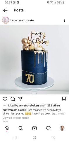 a blue and gold birthday cake with the number 70 on it's top tier