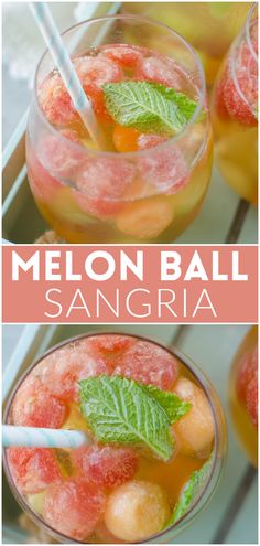 melon ball sangria with mint garnish in glasses