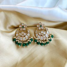 Green Tayani Premium gold plated Beads Chandbali Earrings. Bollywood Chandbalis With Dangling Beads For Celebration, Festive Gold Earrings With Gold Beads, Gift Chandbali Pearl Earrings With Dangling Beads, Traditional Chandbali Beaded Earrings For Festivals, Festive Temple Jewelry Earrings With Round Beads, Festive Earrings With Gold Beads, Elegant Beaded Drop Earrings, Kundan Chandbali Earrings With Dangling Beads, Gift Chandbali Beaded Earrings With Dangling Beads