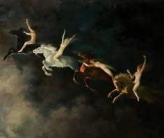 the painting shows three people on horses in the sky, with one man falling off his horse