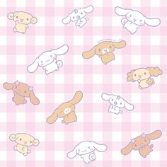 some cute little stuffed animals on a pink and white checkered background