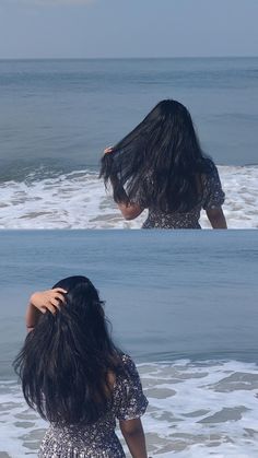 the back of a woman's head standing in front of an ocean with waves