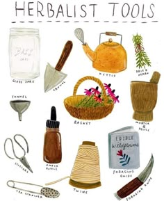 a poster with various items from the herbist tools range, including a teapot, whisk, pepper grinder and other kitchen utensils