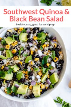 southwest quinoa and black bean salad in a white bowl