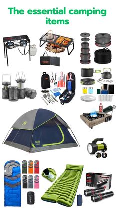 the essential camping items are displayed in this image