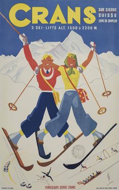 an advertisement for crans skis with two skiers on the front and back