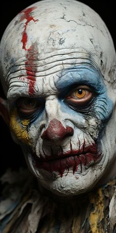 a close up of a clown's face with paint all over his body and head