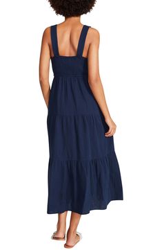 Lightweight gauzy cotton is shaped into this pretty midi dress designed with a flowy tiered skirt that sways with every step you take. 40 1/2" center front length (size Medium) V-neck Sleeveless Partially lined 100% cotton Hand wash, dry flat Imported Pretty Midi Dresses, Navy Sundress, Designer Midi Dresses, Dress Flowy, Every Step You Take, Cotton Midi Dress, Tier Skirt, Free Fabric, Tiered Skirt