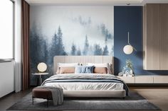 Papier peint sapin brume bleu aquarelle - Muralconceptpapier_peint_sur_mesure Forest Wallpaper Bedroom, Blue Forest, Air B And B, Forest Wallpaper, Wallpaper Bedroom, Sweet Home, Mural, Hotel, Bedroom