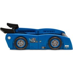 a blue toy race car on a white background