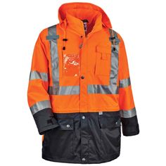 Class 3 Outer Shell Jacket: Breathable poly shell keeps the rain out while letting perspiration escape and black panels hide dirt in high wear areas. Pair with 8287 to create a Thermal 4-in-1 Jacket. GloWear Adult Unisex Orange Hooded Work Jacket (3Xl) Polyester | 25467 Thermal Vest, Saw Stands, Thermal Jacket, Polyester Jacket, Black Panels, Work Jackets, Shell Jacket, Soft Shell Jacket, The Rain