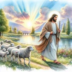 a painting of jesus walking with his sheep