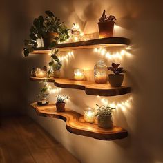 some shelves that have plants and candles on them with lights in the corner behind them