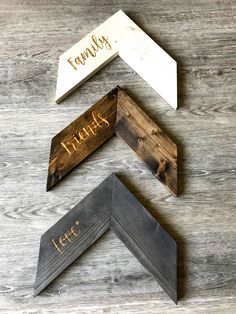 three wooden signs that say family, thank and let it be engraved on the wood