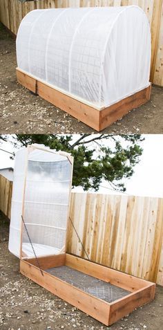 an outdoor bed made out of pallets and wooden planks is shown in two different views