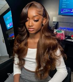 Brown Wig Install Black Women, Chocolate Brown Wig With Highlights, Chocolate Brown Frontal Wig, Chocolate Brown Wig Hairstyles, Brown Weave Hairstyles, Chocolate Wig Black Women, Side Part Brown Wig, Brown Sew In Weave, Color On Dark Skin Women