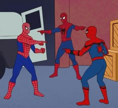 spider - man and other animated characters in front of a truck, with one pointing at another