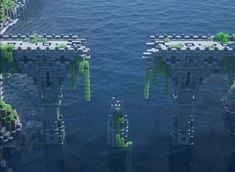 an aerial view of the water and bridge made out of green plants in minecraft