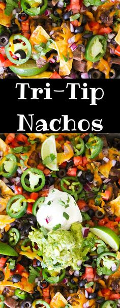 a pizza with black olives, peppers and other toppings on it that says tri - tip nachos