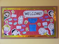 a bulletin board that has been decorated with stickers and writing on it, including the words welcome