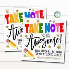 two colorful note cards with the words take note and you are awesome written on them