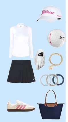 a woman's tennis outfit and accessories including a hat, glove, ball cap, gloves