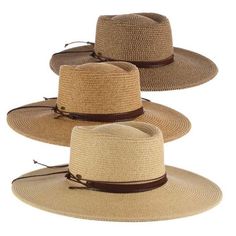 Classy gaucho style hat with flat brim, 4" wide. Sunken crown with straight sidewalls. Faux suede band with waxed cord tie accent. Faux leather chin strap. Adjustable drawstring inside crown. UPF 50+ sun protection hat. One size. 100% toyo braid Adjustable Brown Sun Hat For Fall, Adjustable Country Style Fedora For Travel, Adjustable Country Style Hat For Travel, Casual Adjustable Boater Hat For Rodeo, Adjustable Brown Fedora Straw Hat, Adjustable Brown Straw Hat With Short Brim, Adjustable Brown Straw Hat For Fall, Adjustable Sun Hat For Fall Vacation, Brown Braided Sun Hat With Short Brim