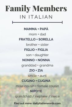 the family members in italian are shown with their names on them and an image of flowers