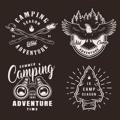 vintage camping badges and emblems on black background