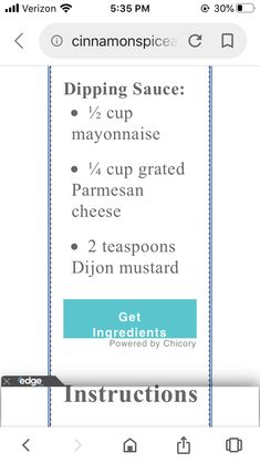 the instructions for dipping sauces are displayed on an iphone screen, with text below