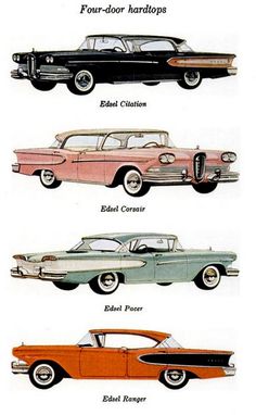 four different colored cars are shown in this advertisement for the ford motor company, which has been