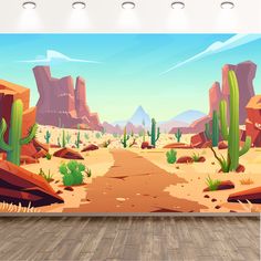 an image of a desert scene with cactuses and mountains in the background wall mural