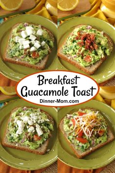 breakfast guacamole toast on green plates with oranges in the background