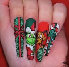 Grinch Nail Art, Holiday Acrylic Nails, Winter Nails Acrylic, Long Acrylic Nails Coffin, Dipped Nails