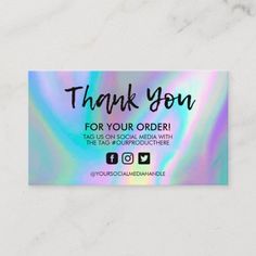 a business card with the words thank you for your order and an instagram button